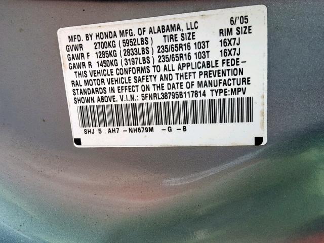 5FNRL38795B117814 - 2005 HONDA ODYSSEY EX BLUE photo 10