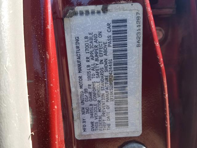 1Y1SK5289XZ424491 - 1999 CHEVROLET GEO PRIZM 红色 照片 10