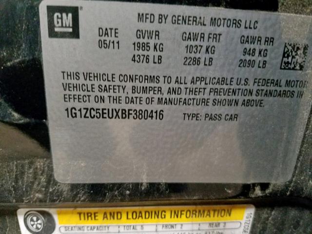 1G1ZC5EUXBF380416 - 2011 CHEVROLET MALIBU 1LT BLACK photo 10