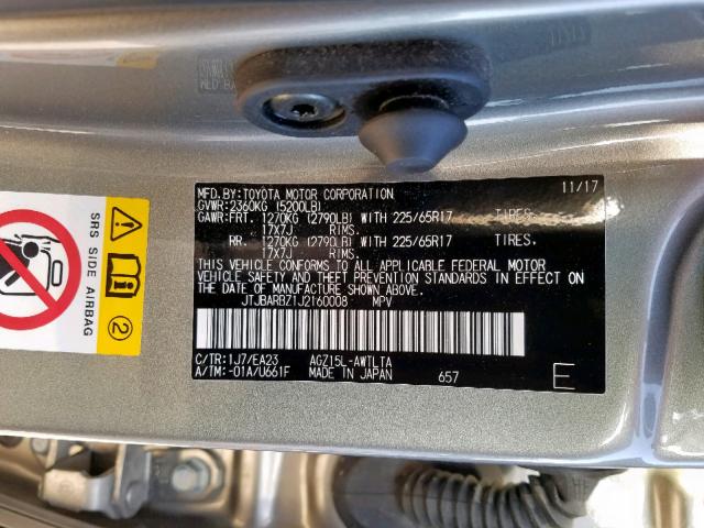 JTJBARBZ1J2160008 - 2018 LEXUS NX 300 SILVER photo 10