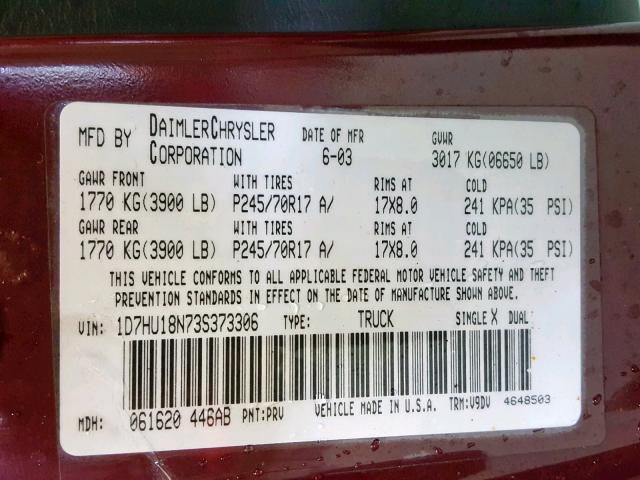 1D7HU18N73S373306 - 2003 DODGE RAM 1500 S BURGUNDY photo 10