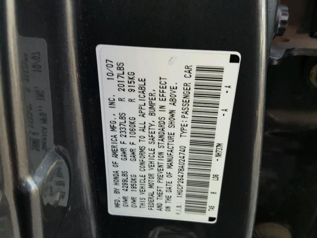 1HGCP26478A024740 - 2008 HONDA ACCORD LXP GRAY photo 10