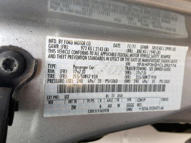 1FAHP3H21CL292174 - 2012 FORD FOCUS SEL SILVER photo 10