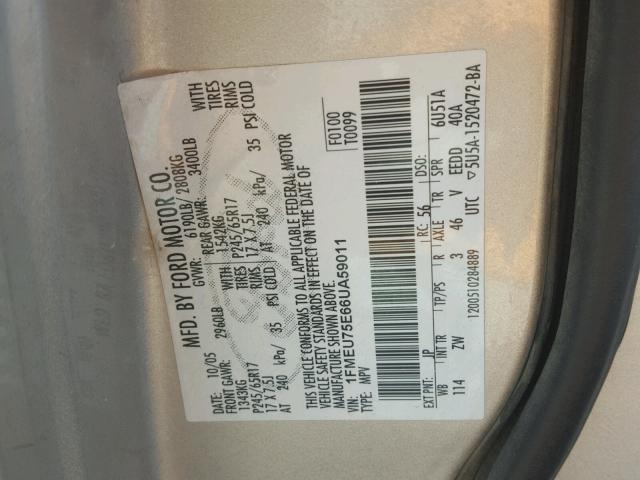 1FMEU75E66UA59011 - 2006 FORD EXPLORER L SILVER photo 10