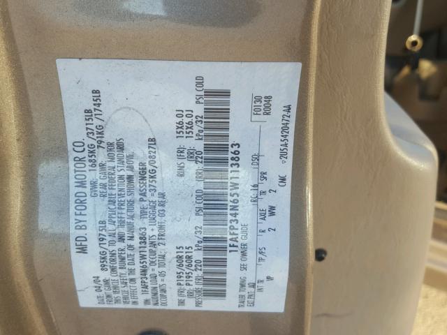 1FAFP34N65W113863 - 2005 FORD FOCUS ZX4 GOLD photo 10