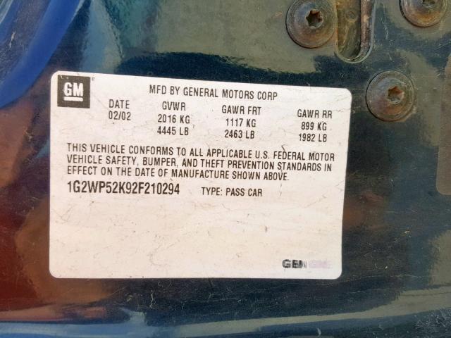 1G2WP52K92F210294 - 2002 PONTIAC GRAND PRIX BLUE photo 10