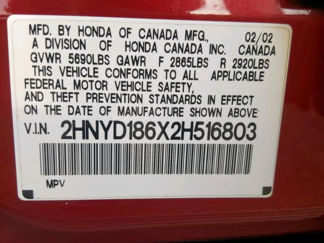 2HNYD186X2H516803 - 2002 ACURA MDX TOURIN RED photo 10