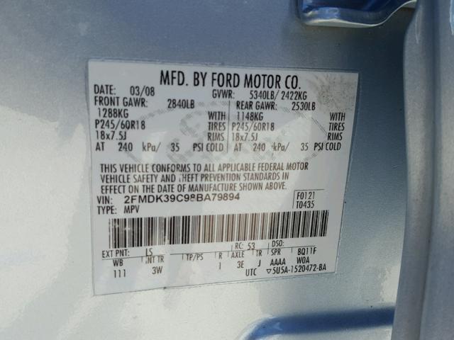 2FMDK39C98BA79894 - 2008 FORD EDGE LIMIT BLUE photo 10