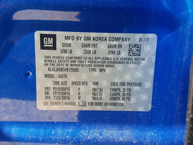 KL4CJASB5HB125505 - 2017 BUICK ENCORE PRE BLUE photo 10