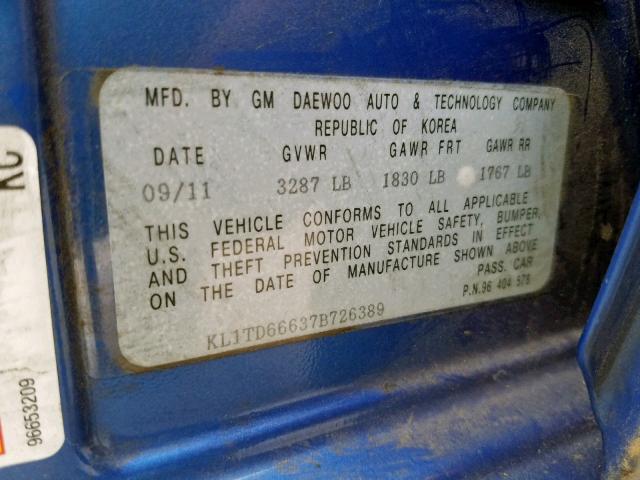 KL1TD66637B726389 - 2007 CHEVROLET AVEO BASE ლურჯი ფოტო 10