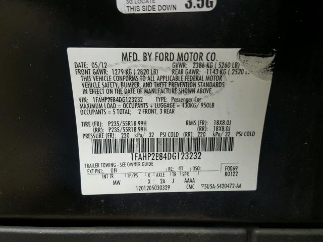 1FAHP2E84DG123232 - 2013 FORD TAURUS SEL BLACK photo 10