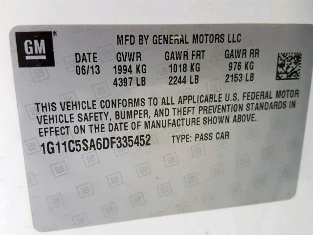 1G11C5SA6DF335452 - 2013 CHEVROLET MALIBU 1LT 白色 照片 10