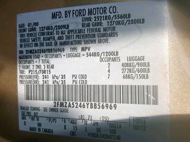 2FMZA5246YBB56969 - 2000 FORD WINDSTAR S GOLD photo 10