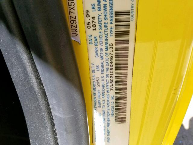 3VWBC21C9XM467135 - 1999 VOLKSWAGEN NEW BEETLE ყვითელი ფოტო 10