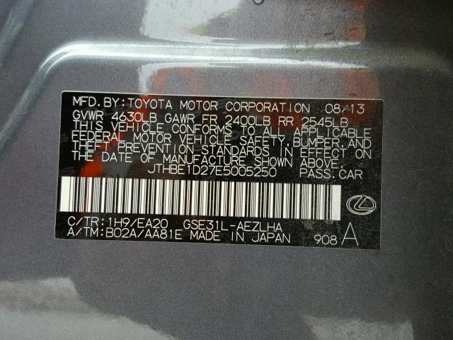 JTHBE1D27E5005250 - 2014 LEXUS IS 350 GRAY photo 10