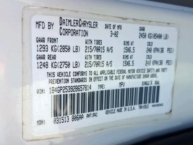 1B4GP25392B657814 - 2002 DODGE CARAVAN SE WHITE photo 10