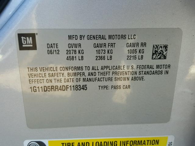 1G11D5RR4DF118345 - 2013 CHEVROLET MALIBU 1LT 银色 照片 10