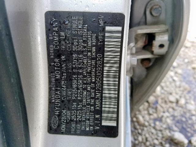 KM8JM12B05U092820 - 2005 HYUNDAI TUCSON GL SILVER photo 10