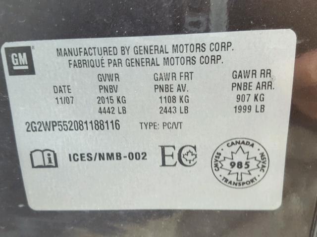 2G2WP552081188116 - 2008 PONTIAC GRAND PRIX BROWN photo 10