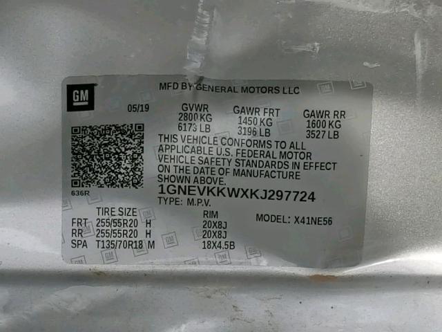 1GNEVKKWXKJ297724 - 2019 CHEVROLET TRAVERSE P SILVER photo 10