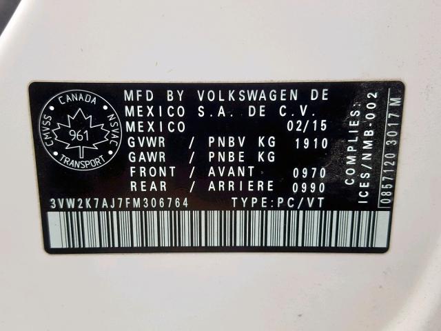 3VW2K7AJ7FM306764 - 2015 VOLKSWAGEN JETTA BASE 白色 照片 10