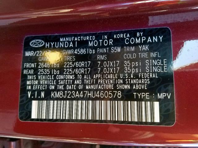 KM8J23A47HU460578 - 2017 HYUNDAI TUCSON SE BURGUNDY photo 10