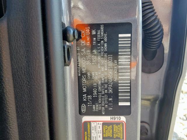 3KPA24AB5KE188031 - 2019 KIA RIO S GRAY photo 10