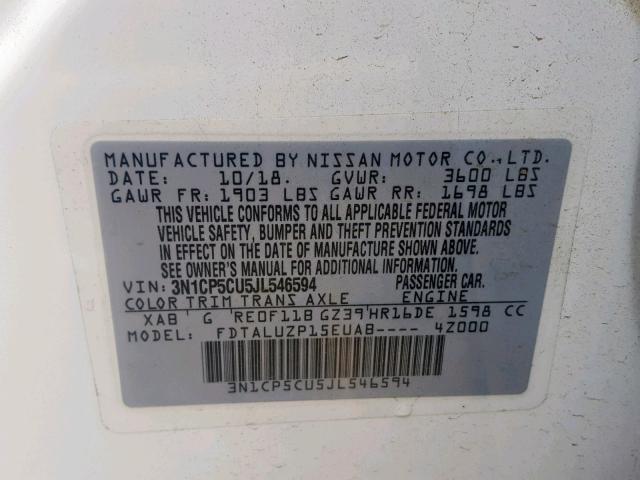 3N1CP5CU5JL546594 - 2018 NISSAN KICKS S WHITE photo 10