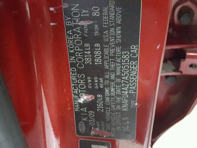 KNAFU4A27A5051583 - 2010 KIA FORTE EX RED photo 10