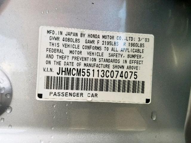 JHMCM55113C074075 - 2003 HONDA ACCORD DX SILVER photo 10