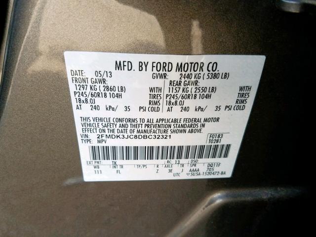 2FMDK3JC8DBC32321 - 2013 FORD EDGE SEL BROWN photo 10