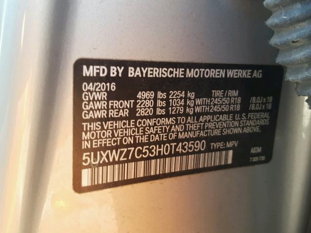 5UXWZ7C53H0T43590 - 2017 BMW X3 SDRIVE2 SILVER photo 10