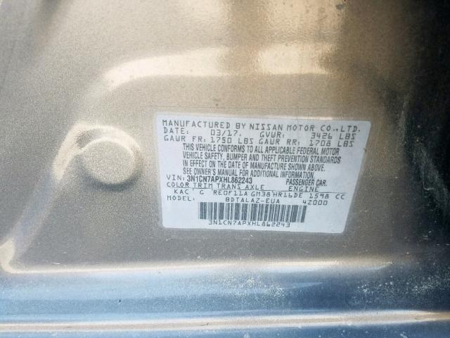 3N1CN7APXHL862243 - 2017 NISSAN VERSA S GRAY photo 10