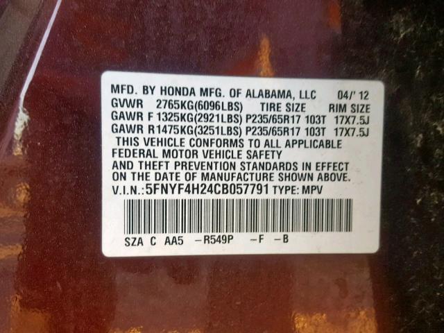 5FNYF4H24CB057791 - 2012 HONDA PILOT LX MAROON photo 10