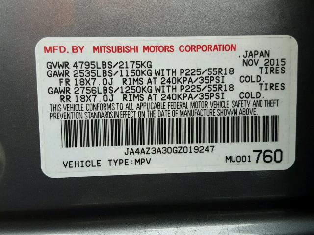 JA4AZ3A30GZ019247 - 2016 MITSUBISHI OUTLANDER GRAY photo 10