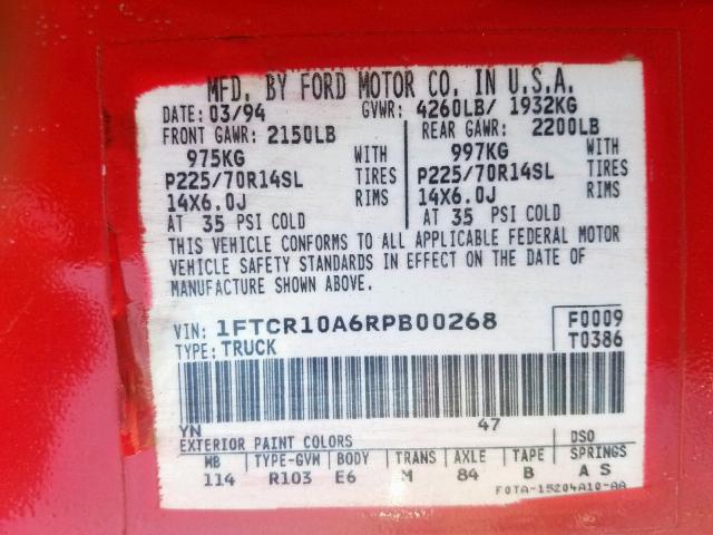 1FTCR10A6RPB00268 - 1994 FORD RANGER RED photo 10