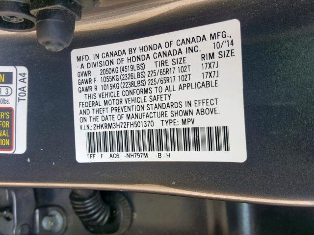 2HKRM3H72FH501370 - 2015 HONDA CR-V EXL GRAY photo 10