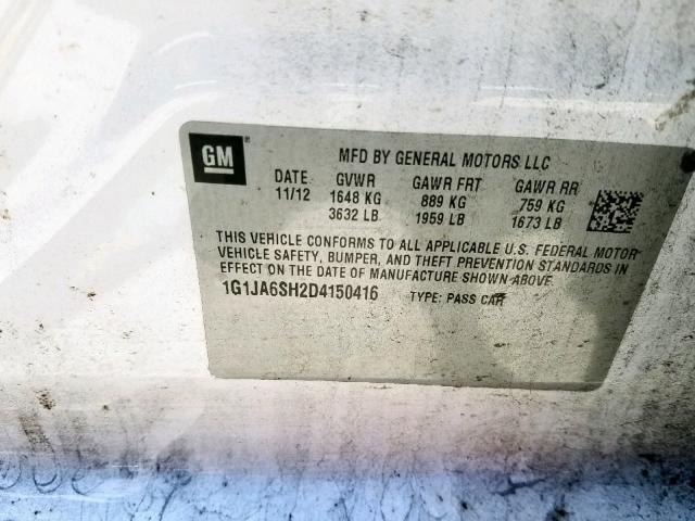 1G1JA6SH2D4150416 - 2013 CHEVROLET SONIC LS WHITE photo 10