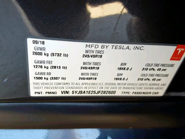 5YJSA1E25JF282600 - 2018 TESLA MODEL S GRAY photo 10