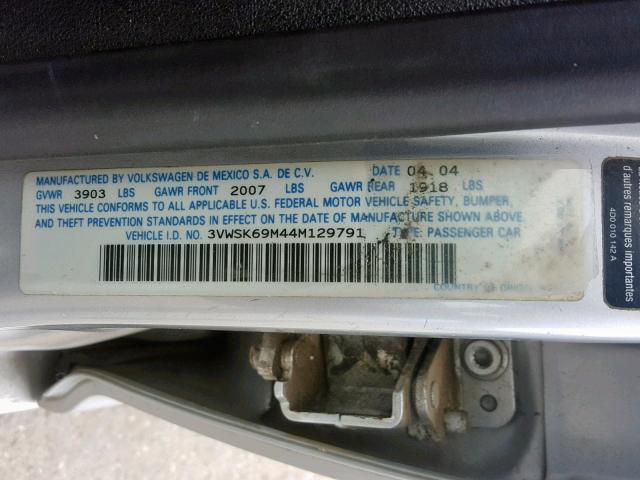 3VWSK69M44M129791 - 2004 VOLKSWAGEN JETTA GLS SILVER photo 10