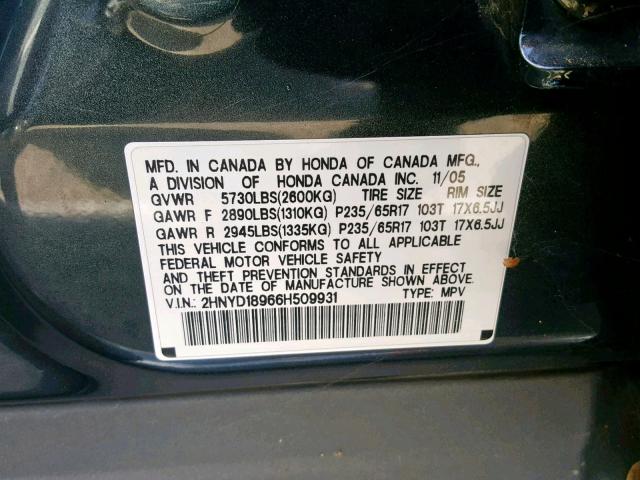 2HNYD18966H509931 - 2006 ACURA MDX TOURIN GRAY photo 10