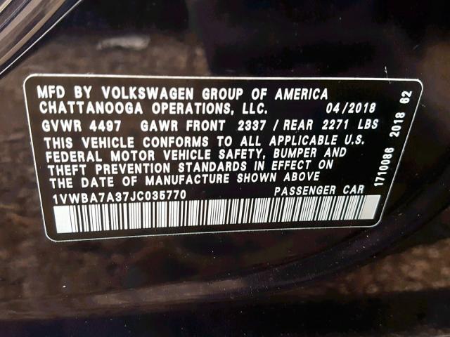 1VWBA7A37JC035770 - 2018 VOLKSWAGEN PASSAT SE BLACK photo 10