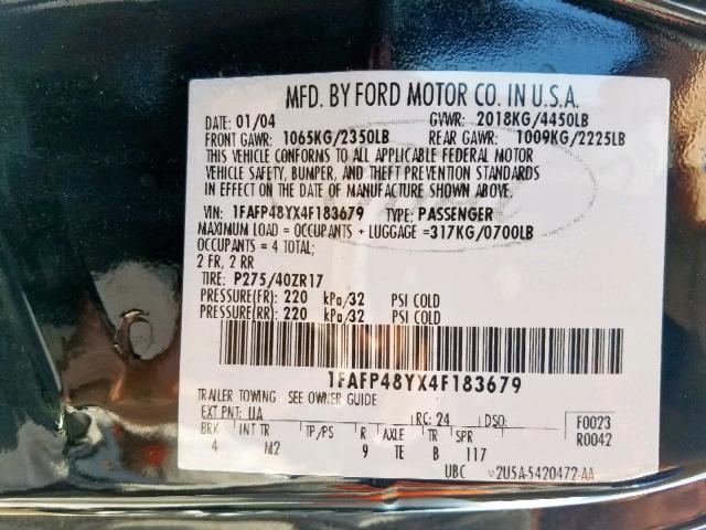 1FAFP48YX4F183679 - 2004 FORD MUSTANG CO BLACK photo 10