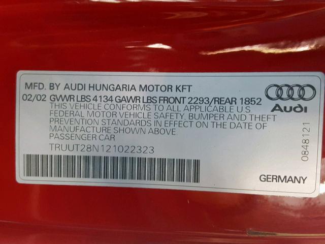 TRUUT28N121022323 - 2002 AUDI TT QUATTRO RED photo 10