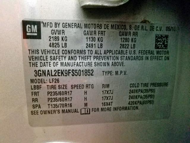 3GNAL2EK9FS501852 - 2015 CHEVROLET CAPTIVA LS 银色 照片 10