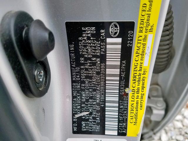 4T1BK3DB9BU373996 - 2011 TOYOTA AVALON BAS SILVER photo 10