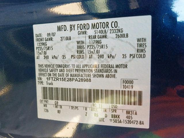 1FTZR15E28PA28988 - 2008 FORD RANGER SUP BLUE photo 10