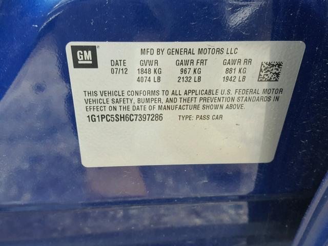 1G1PC5SH6C7397286 - 2012 CHEVROLET CRUZE LS BLUE photo 10