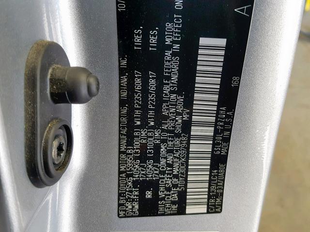 5TDYZ3DC7KS979482 - 2019 TOYOTA SIENNA LIM SILVER photo 10