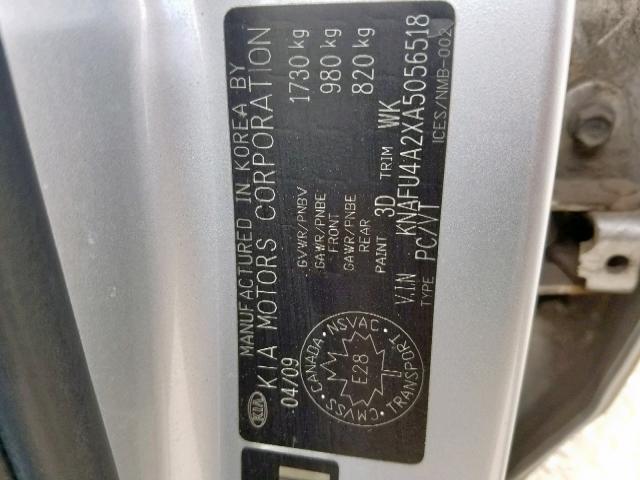 KNAFU4A2XA5056518 - 2010 KIA FORTE EX SILVER photo 10